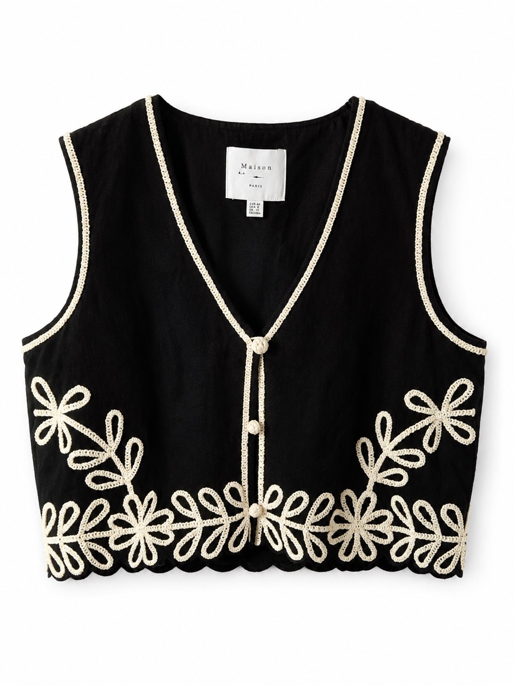 Maison d’Amélie Paris Black & White Embroidered Cropped Vest Size 10 NWT